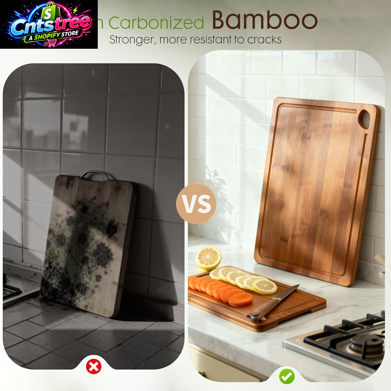 Astercook Deep-Carbonized Bamboo Cutting Boards for Kitchen with Wood Storage Stand, Reversible Charcuterie & Chopping Boards with Juice Grooves and Easy-Grip Handles, Fathers Day Gift for Men
