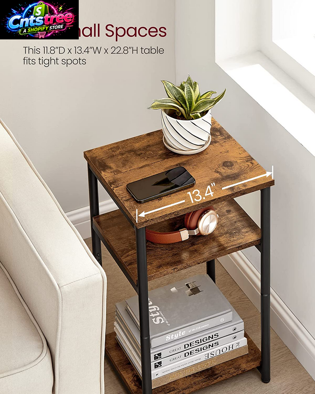 VASAGLE BARNET Collection - Side Table, Small End Table for Living Room, Modern Tall Nightstand, Bedroom, Office, Bathroom, Steel Frame, Rustic Brown and Ink Black ULET273B01