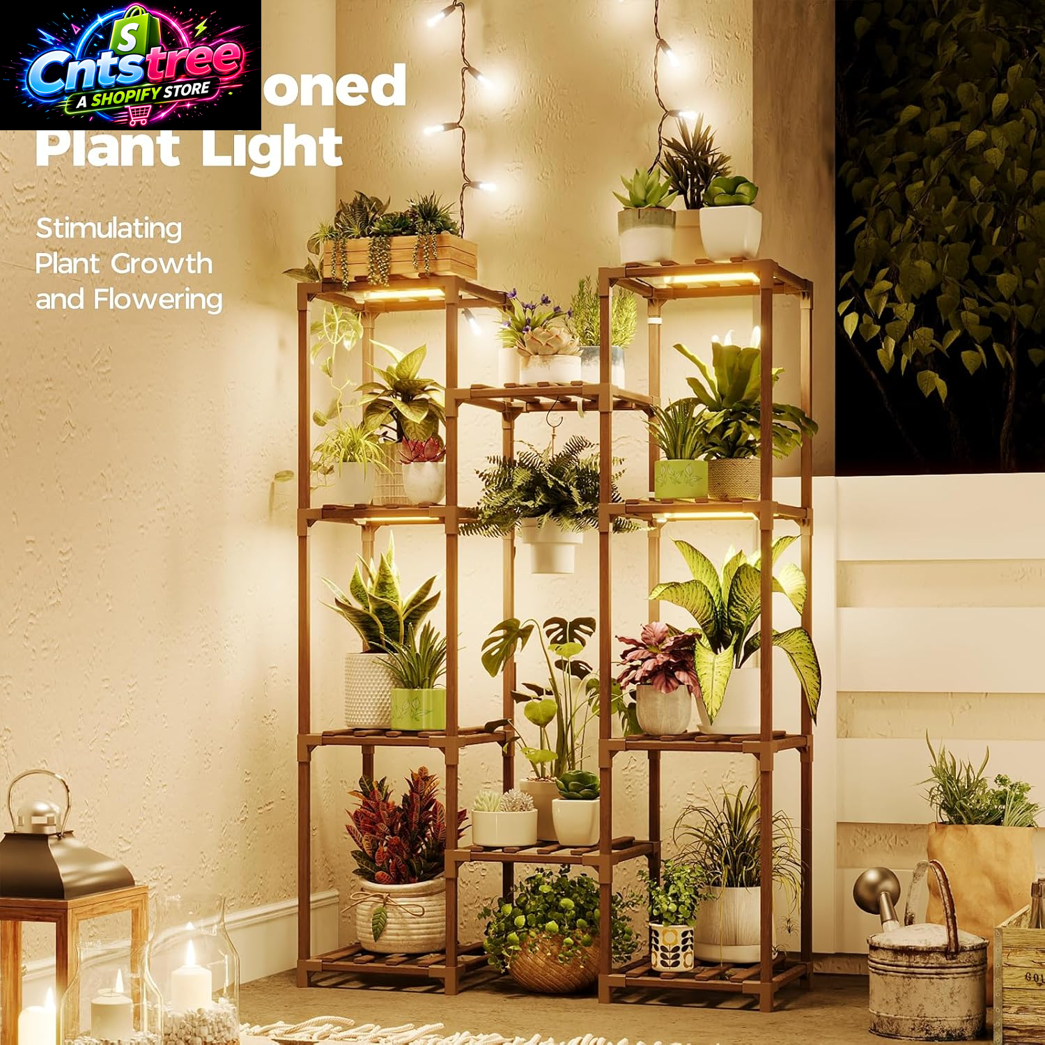 Bamworld Plant Stand with Grow Light Plant Shelf for Mutiple Pots Large Plant Holder for Living Room Patio Boho Home Decor for Gardening Warm Light