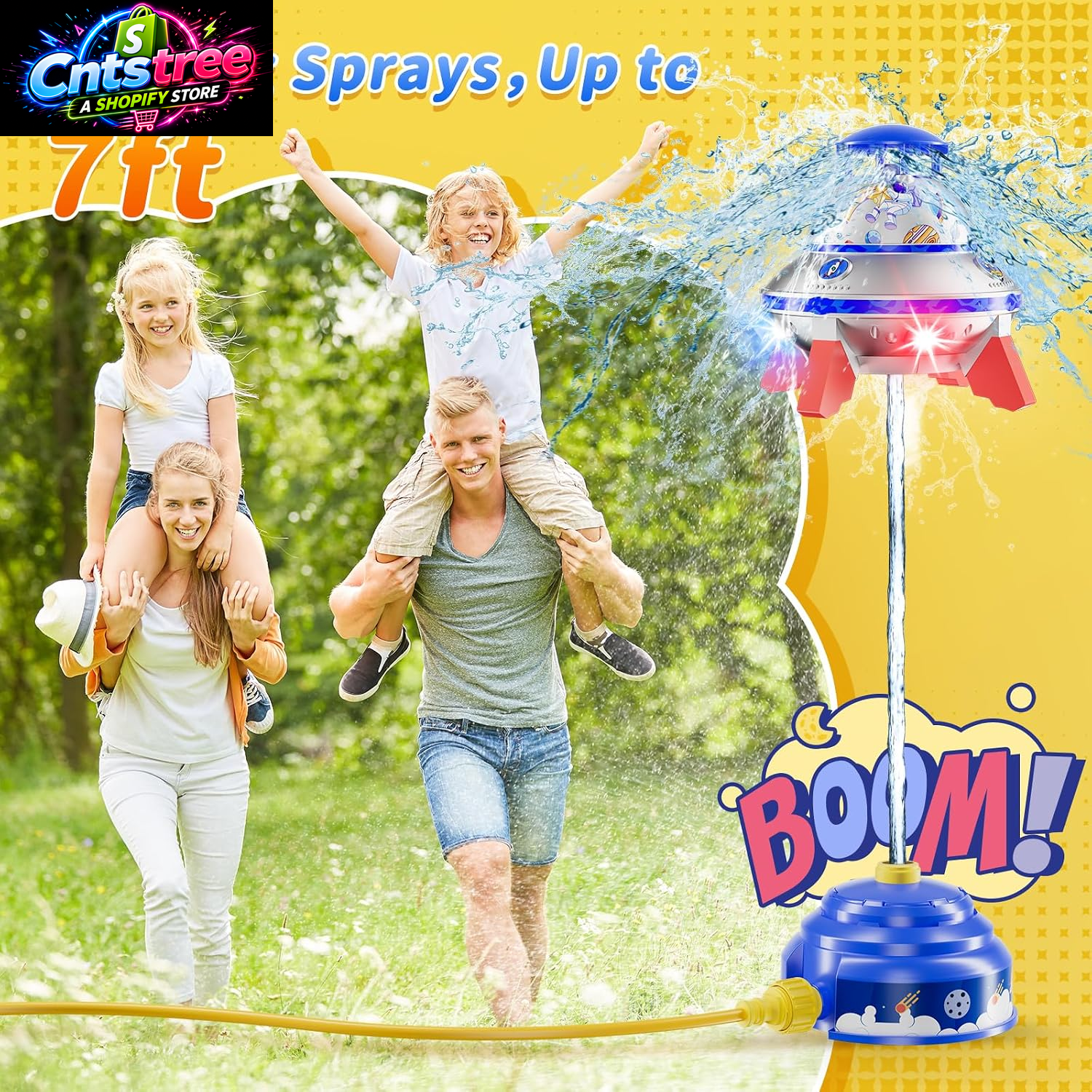 UFO Water Sprinkler for Kids, Spinning Outdoor Water Rocket Toy with Lights | Adjustable Spray Height, DIY Space Stickers, Backyard Lawn Splash Play, Summer Party Gift for Boys & Girls Ages 3-12