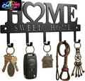Entryway Wall Key Holder with 5 Hooks, Metal Key Rack Wall Mount for Keys, Bags and Leashes, Decorative Organizer for Entryway, Mudroom or Hallway, Sweet Home Design, 9.8 Inches, Black