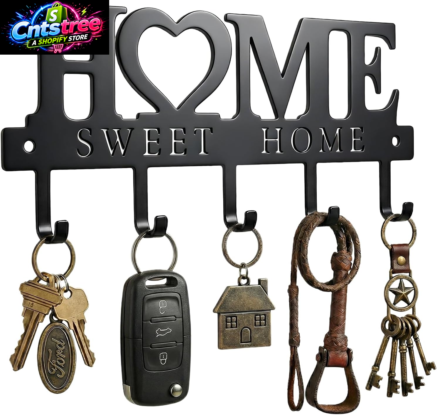 Entryway Wall Key Holder with 5 Hooks, Metal Key Rack Wall Mount for Keys, Bags and Leashes, Decorative Organizer for Entryway, Mudroom or Hallway, Sweet Home Design, 9.8 Inches, Black