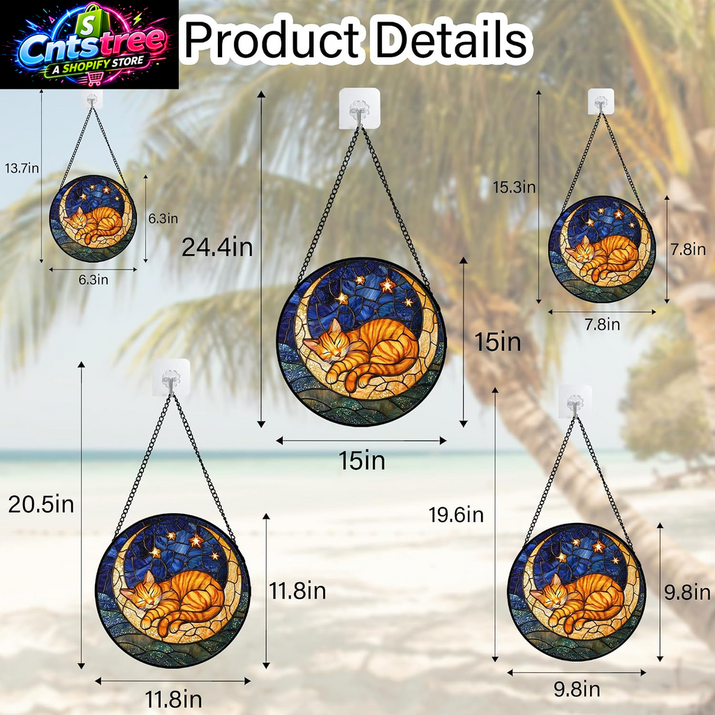 Stained Glass Window Hanging - Orange Moon Sleeping Cat Sun Catcher for Door Home Decor Blue Starry Sky Suncatcher Christmas Mother'S Day Birthday Gifts for Women Men Mom Nana 6.3 In