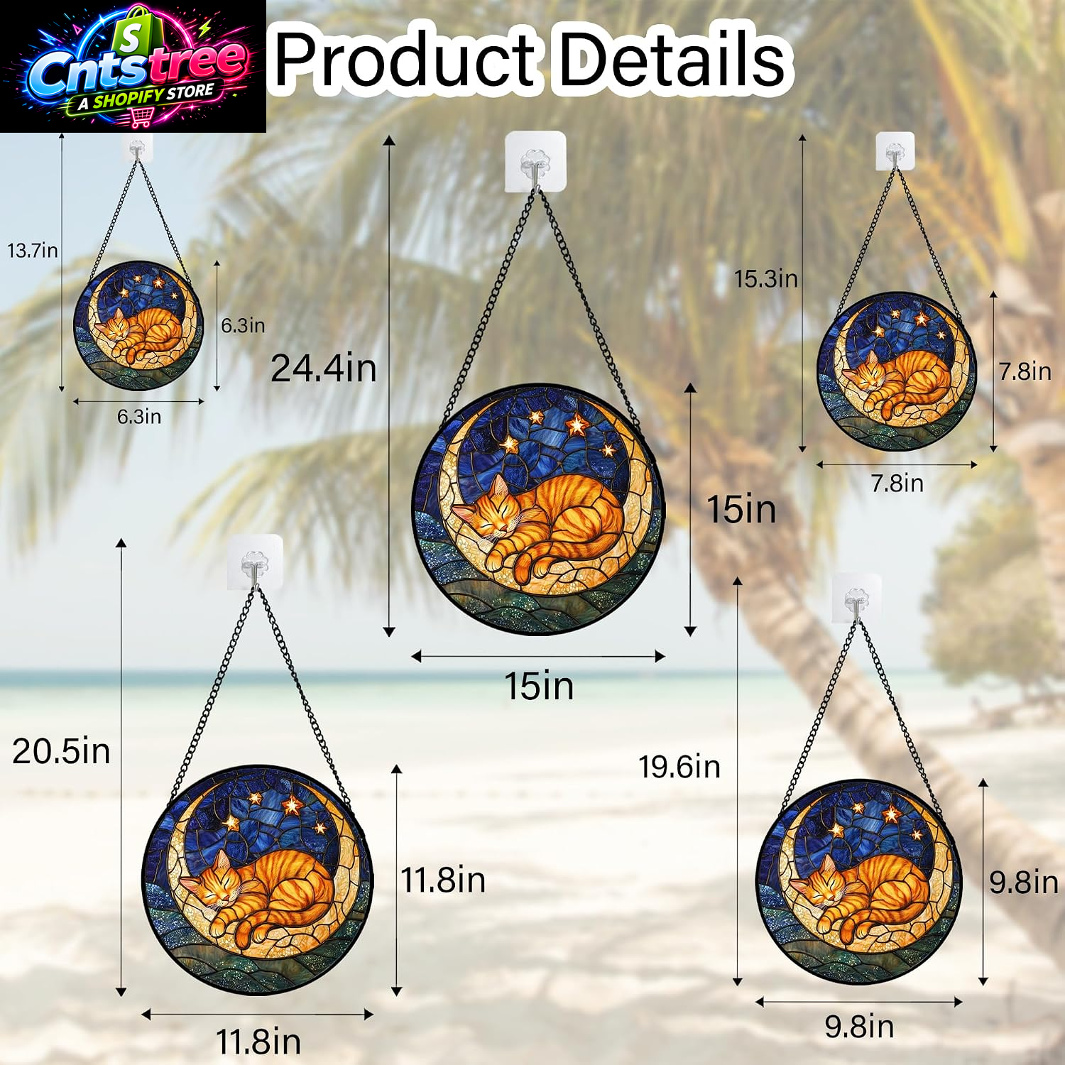 Stained Glass Window Hanging - Orange Moon Sleeping Cat Sun Catcher for Door Home Decor Blue Starry Sky Suncatcher Christmas Mother'S Day Birthday Gifts for Women Men Mom Nana 6.3 In