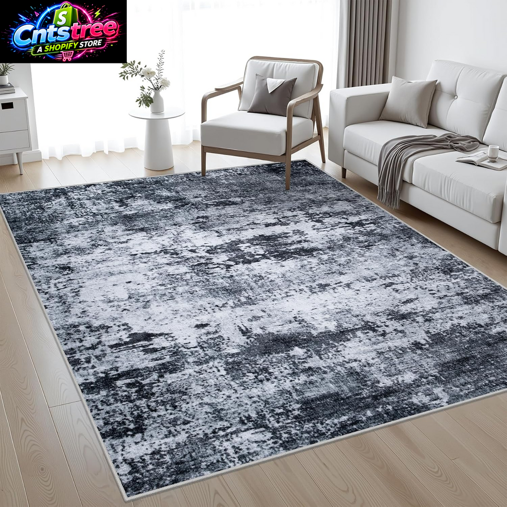 5X7 Area Rug Living Room Rug: Washable Modern Abstract Soft Thin Rug Indoor Floor No Slip Stain Resistant Carpet for Bedroom Dining Room Farmhouse Nursery Home Office - Black