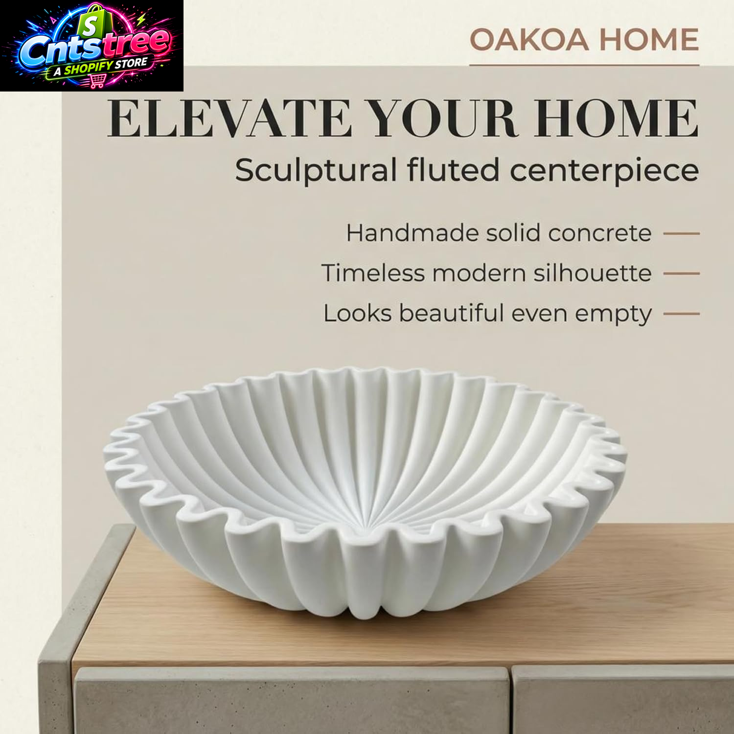 OAKOA Large Decorative Bowl - White Decorative Bowls for Home Decor - Organic Modern Home Decor Bowl - Concrete Ruffle Bowl Decor - Fluted Bowl - Scalloped Bowl