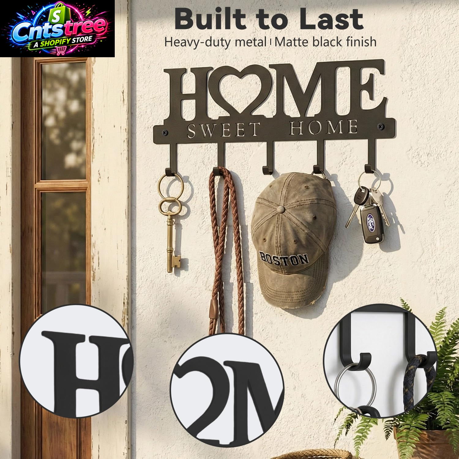 Entryway Wall Key Holder with 5 Hooks, Metal Key Rack Wall Mount for Keys, Bags and Leashes, Decorative Organizer for Entryway, Mudroom or Hallway, Sweet Home Design, 9.8 Inches, Black
