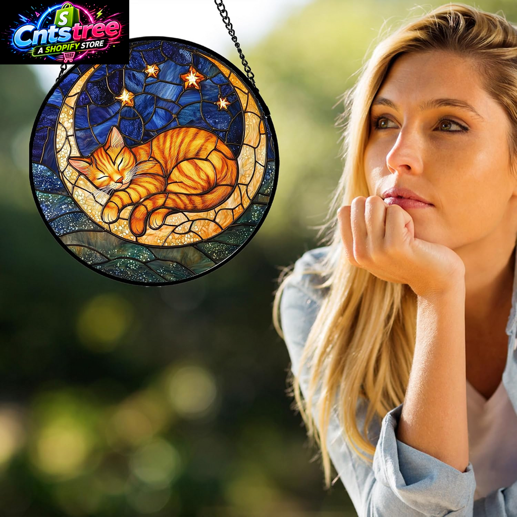 Stained Glass Window Hanging - Orange Moon Sleeping Cat Sun Catcher for Door Home Decor Blue Starry Sky Suncatcher Christmas Mother'S Day Birthday Gifts for Women Men Mom Nana 6.3 In