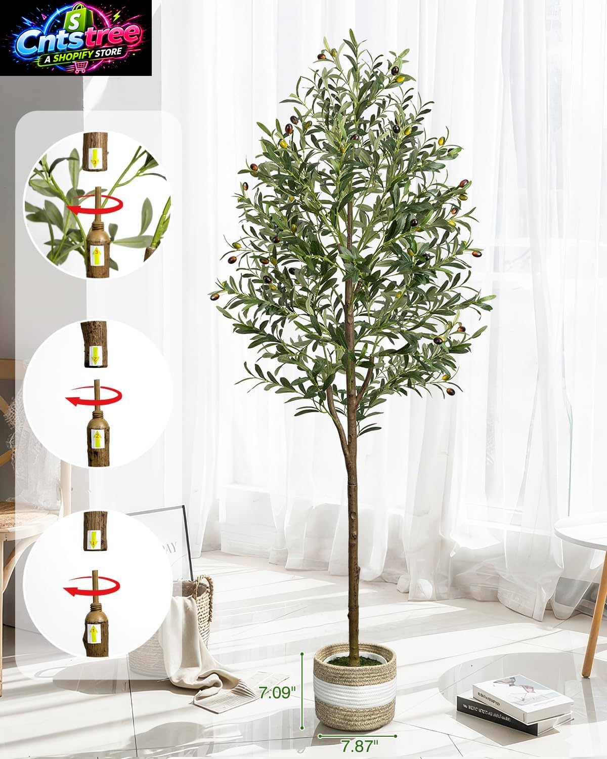6FT Artificial Olive Tree - Indoor Tall Faux Olive Trees with Planter&Basket, Large Fake Olive Silk Tree Realistic Olive Plants with Branches and Fruits for Home Decor Office Living Room