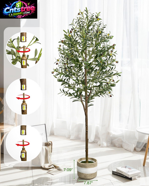 6FT Artificial Olive Tree - Indoor Tall Faux Olive Trees with Planter&Basket, Large Fake Olive Silk Tree Realistic Olive Plants with Branches and Fruits for Home Decor Office Living Room