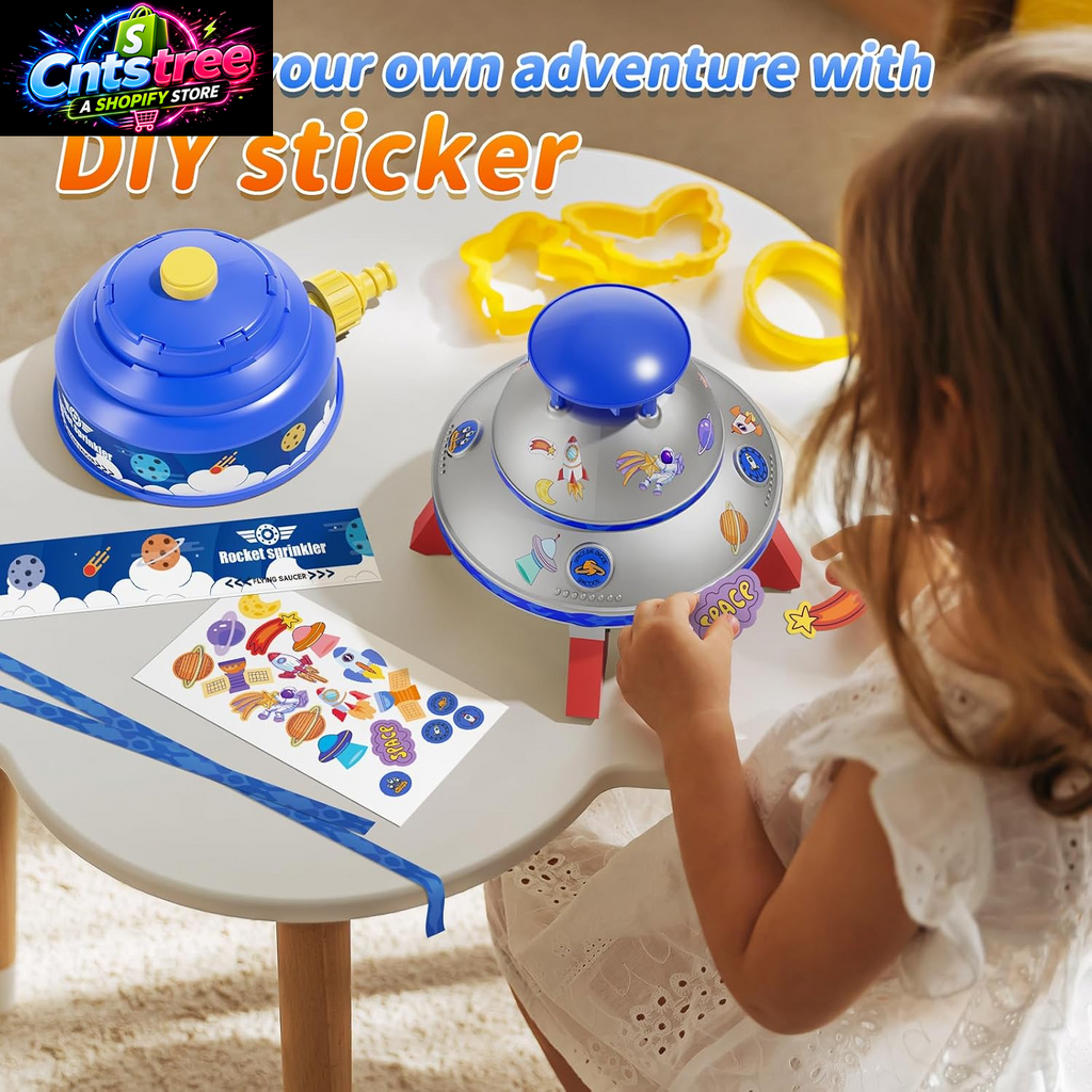 UFO Water Sprinkler for Kids, Spinning Outdoor Water Rocket Toy with Lights | Adjustable Spray Height, DIY Space Stickers, Backyard Lawn Splash Play, Summer Party Gift for Boys & Girls Ages 3-12