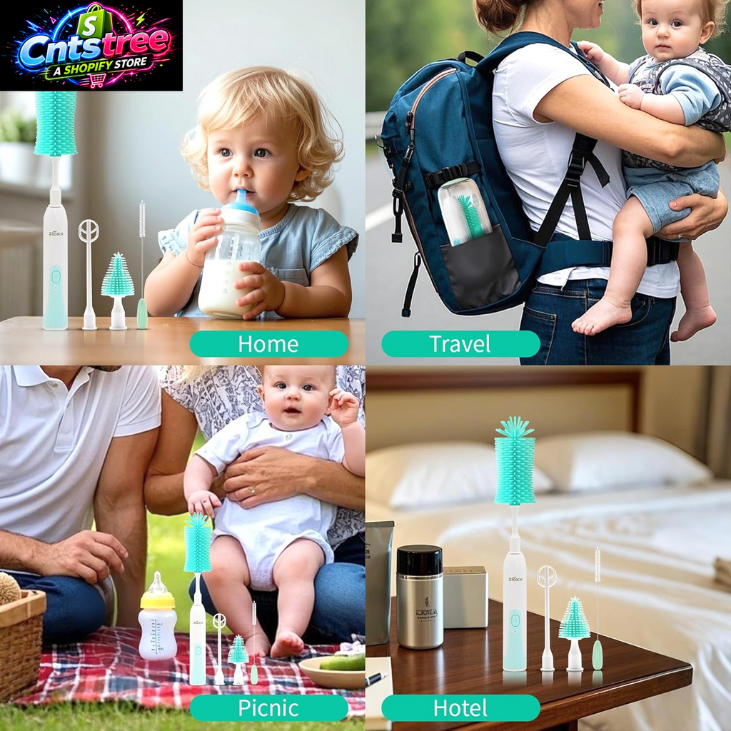 Electric Bottle Brush Cleaner, Portable Electric Baby Bottle Brush Cleaner for Travel, Rechargable Travel Bottle Cleaner Kit with Nipple & Straw Brush, Perfect Mom Essentials after Birth Gift, Green