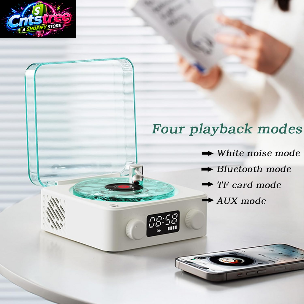 The Waves Vinyl Player, Waves Bluetooth Speaker, Portable Vintage Vinyl Speaker with Adjustable Light and Time for Bedroom, Party, White
