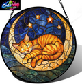 Stained Glass Window Hanging - Orange Moon Sleeping Cat Sun Catcher for Door Home Decor Blue Starry Sky Suncatcher Christmas Mother'S Day Birthday Gifts for Women Men Mom Nana 6.3 In
