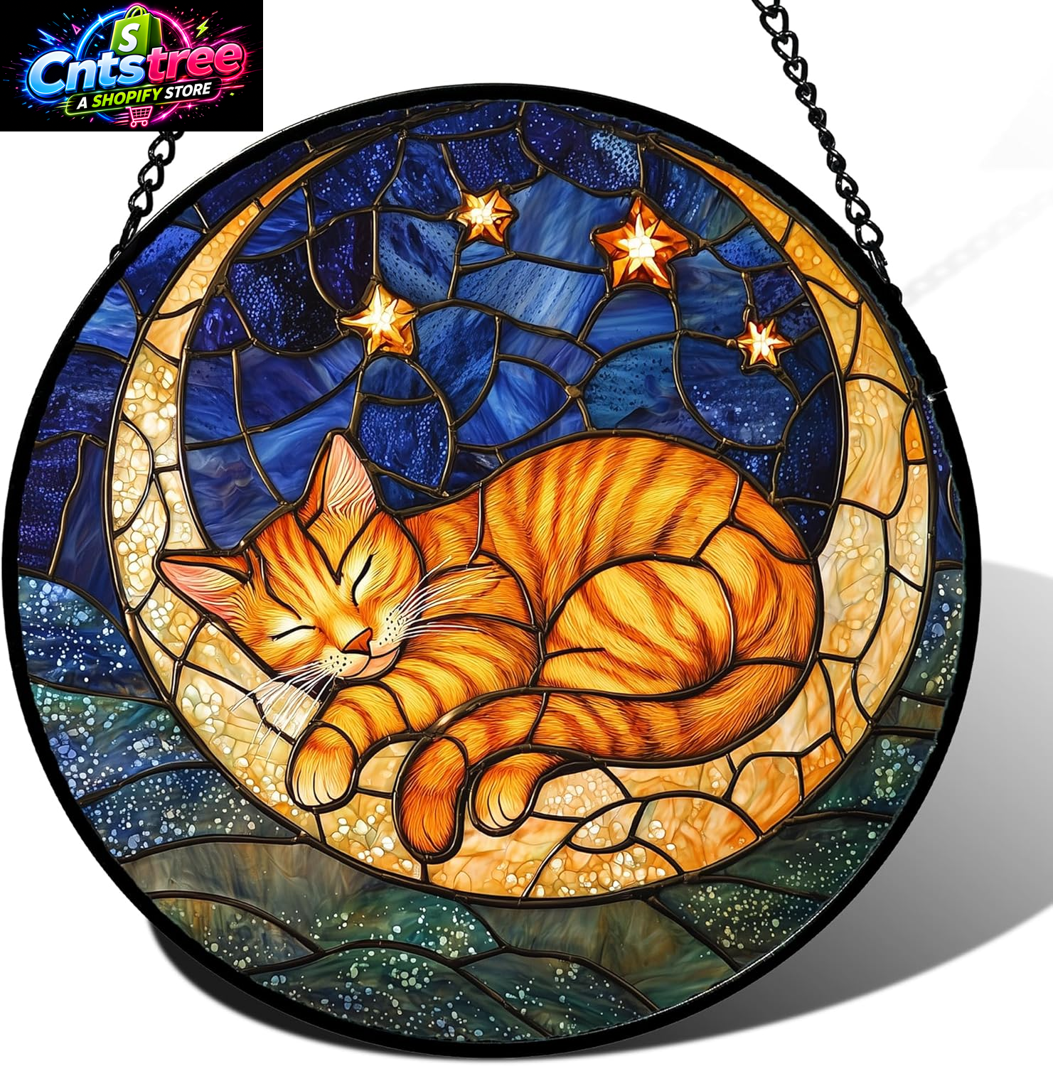 Stained Glass Window Hanging - Orange Moon Sleeping Cat Sun Catcher for Door Home Decor Blue Starry Sky Suncatcher Christmas Mother'S Day Birthday Gifts for Women Men Mom Nana 6.3 In