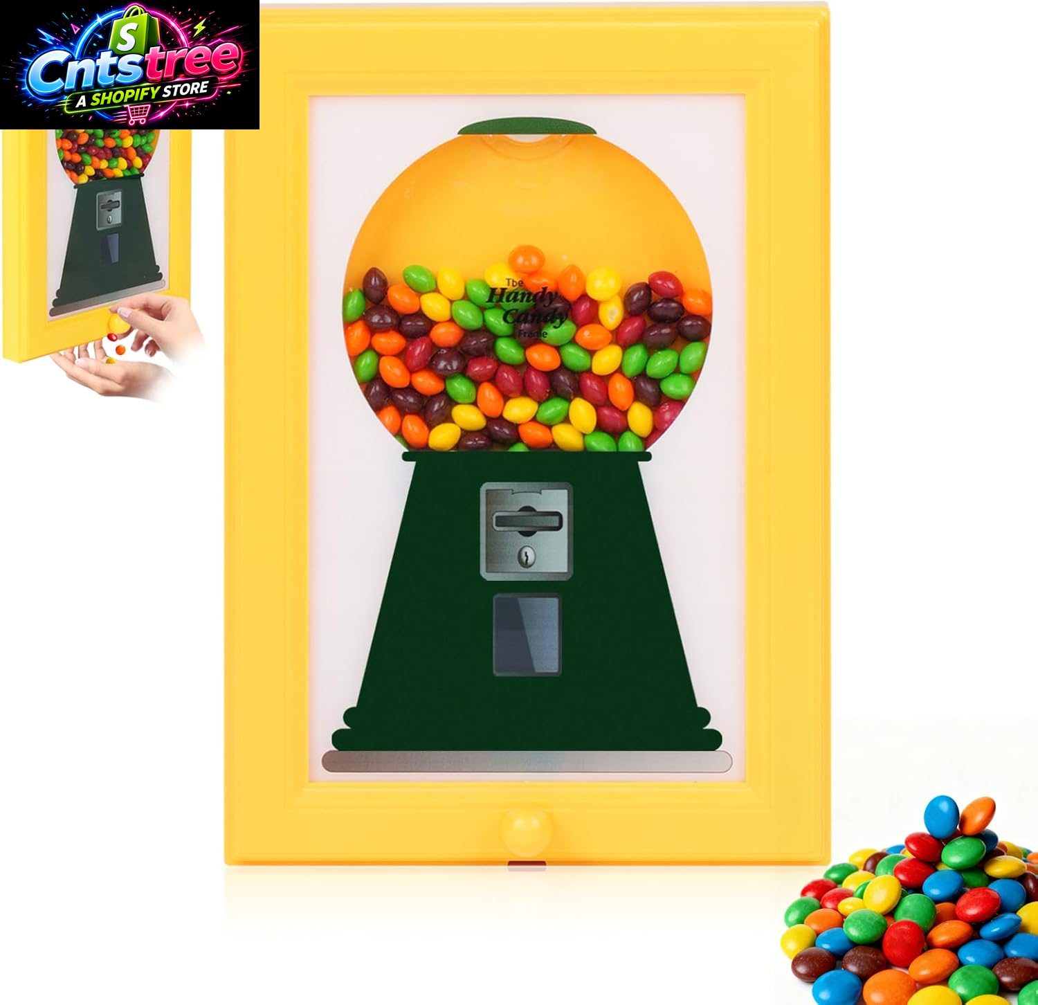 Candy Dispenser Picture Hanging Frame - Gumball Machine in a Frame, Wall Candy Dispenser Perfect for Candies & Nuts, Birthday Christmas Gift for All Ages, Large 12" X 8" (Yellow)