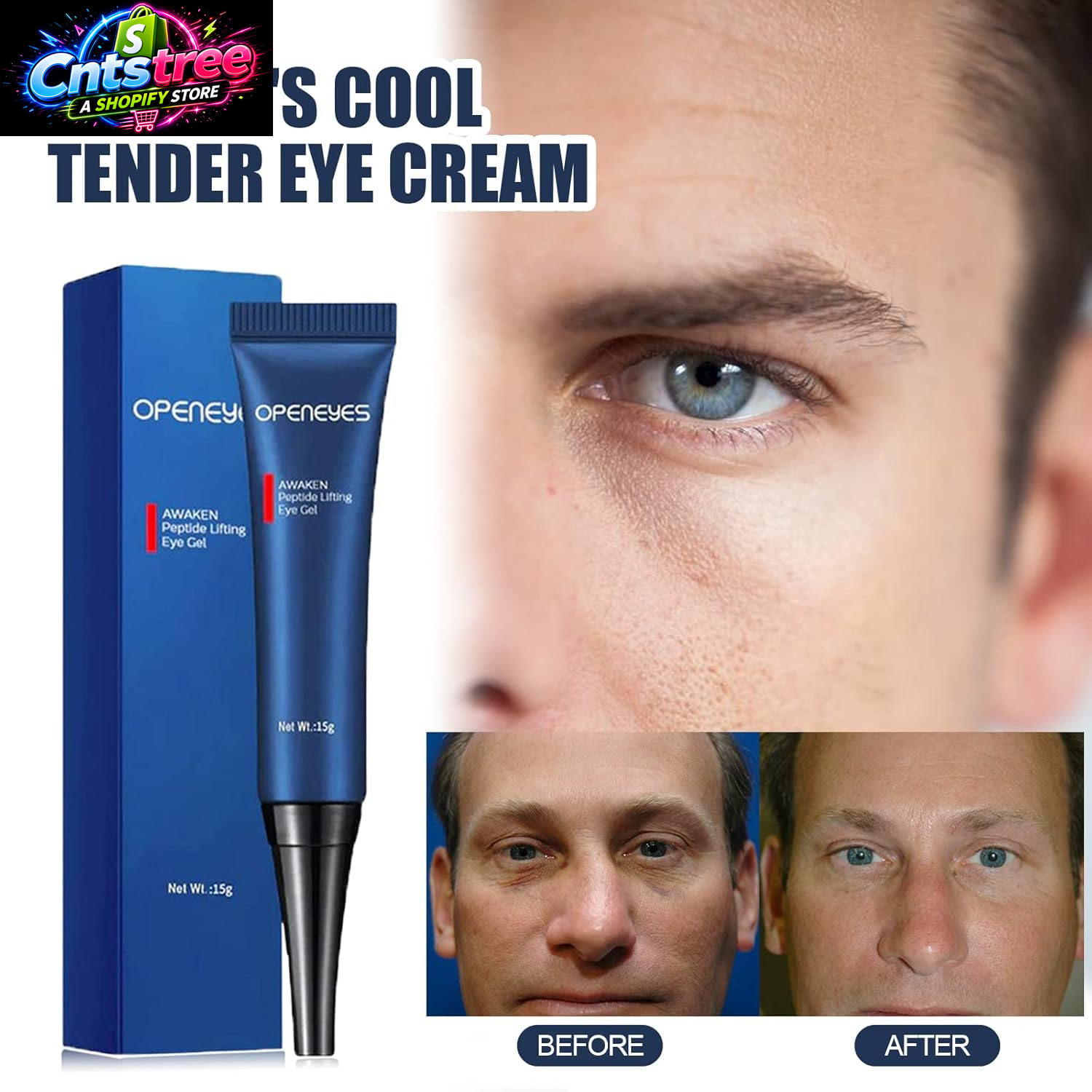 AKARY Awaken Peptide Depuffing Eye Gel, Lifts Firming Eye Tightener, Men'S Moisturizing Eye Cream Hydrating Gel Smooths under Eyes for Dark Circles, Puffiness, Fine Lines & Bags