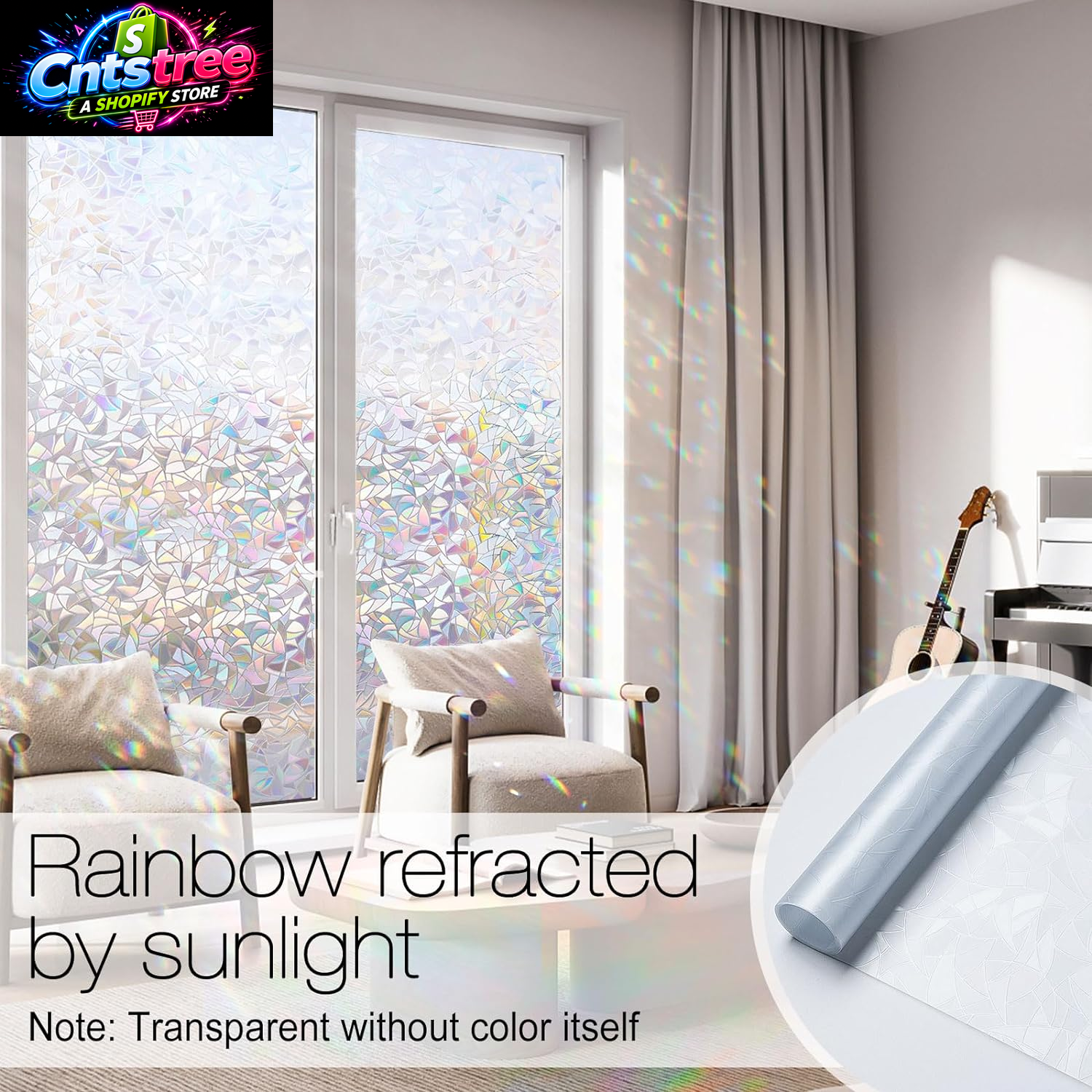 Rabbitgoo Window Privacy Film Rainbow Film Decorative Window Sticker, 3D Static Stained Glass Cling Tint for Home Heat Control Non-Adhesive, 17.5 X 78.7 Inches