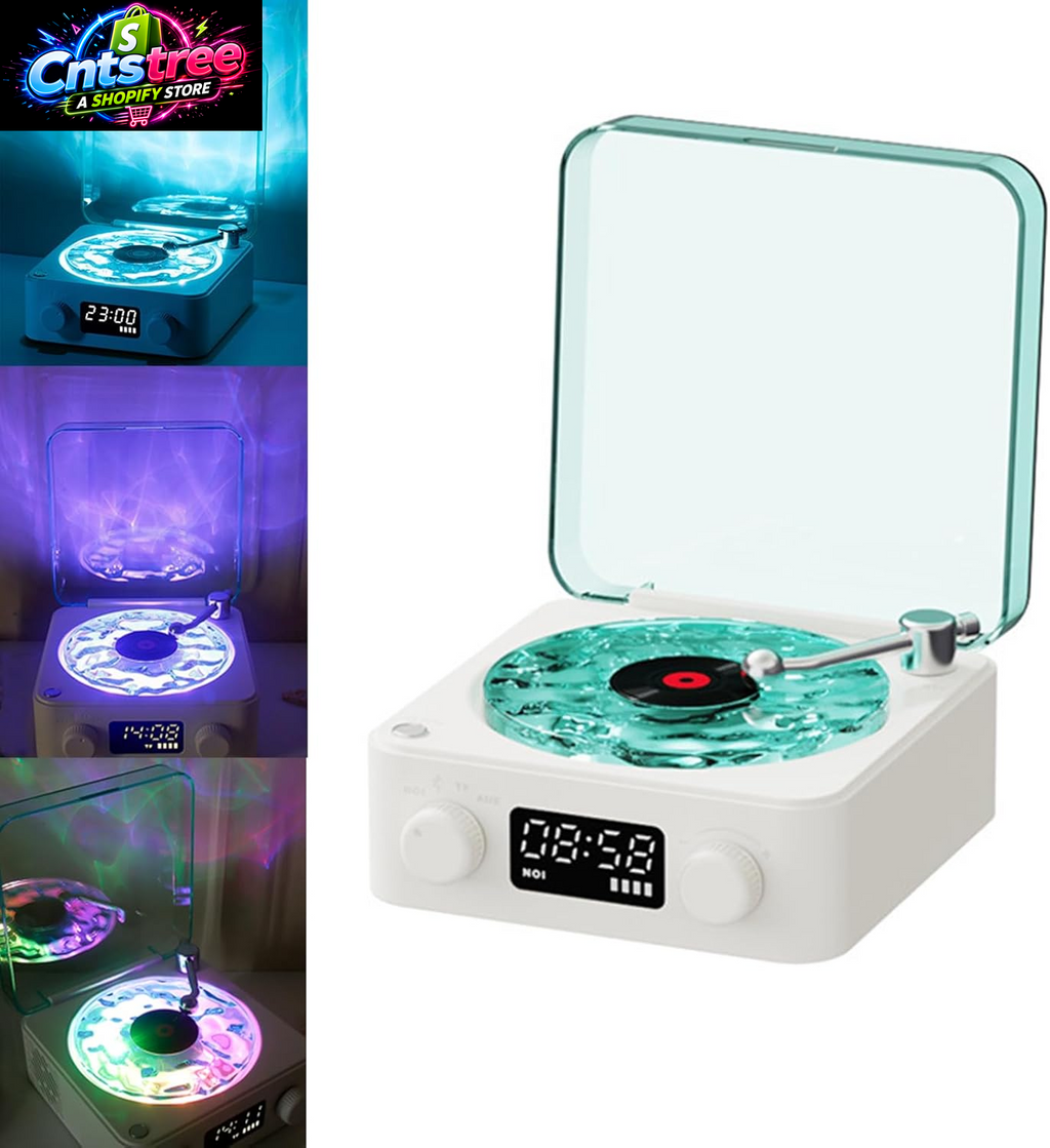 The Waves Vinyl Player, Waves Bluetooth Speaker, Portable Vintage Vinyl Speaker with Adjustable Light and Time for Bedroom, Party, White