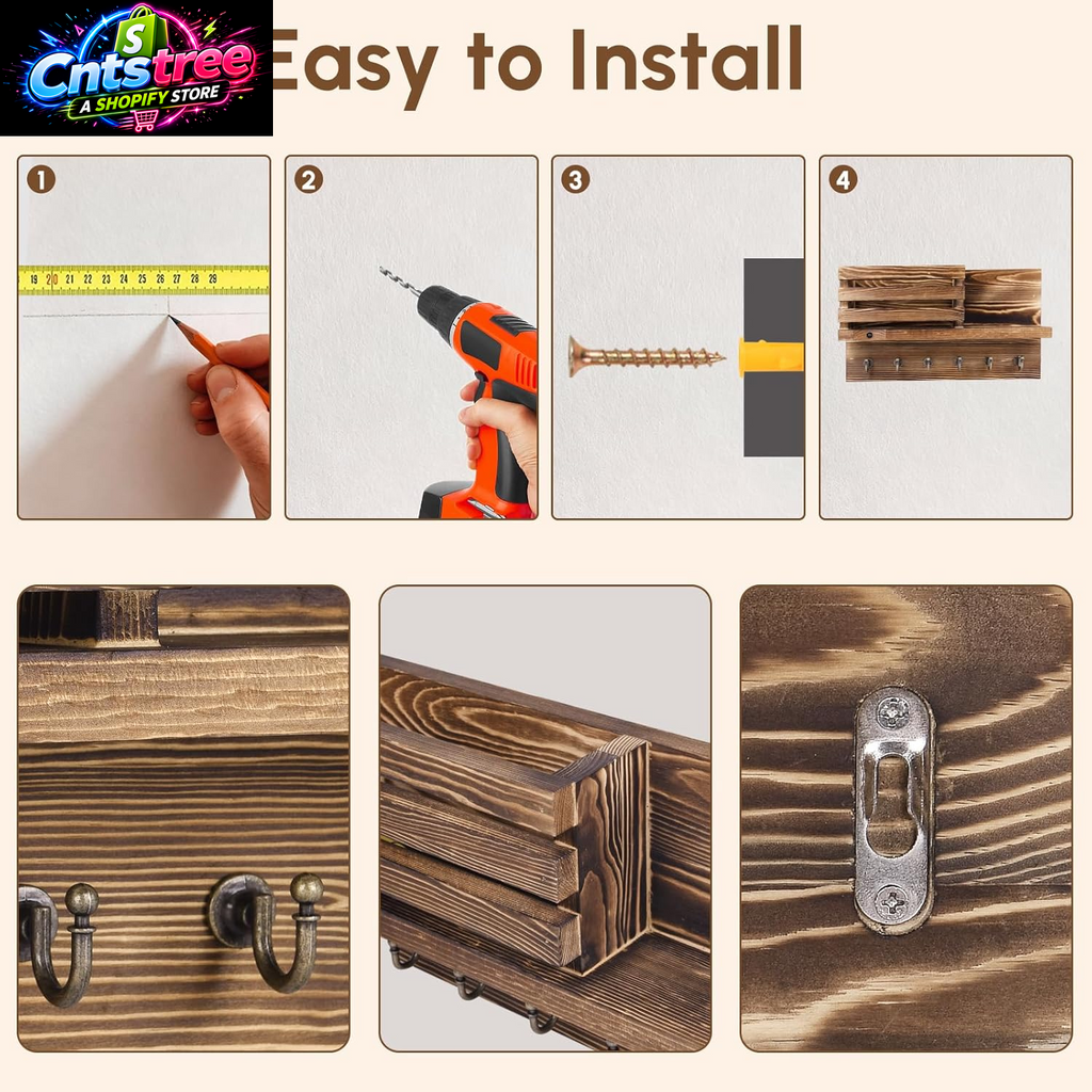 Human Body Motion Sensor Lights Indoor Key Holder Wall Mount Key and Mail Storage Holder for Wall with 6 Hooks Key Rack for Entryway Home Decor with Motion LED
