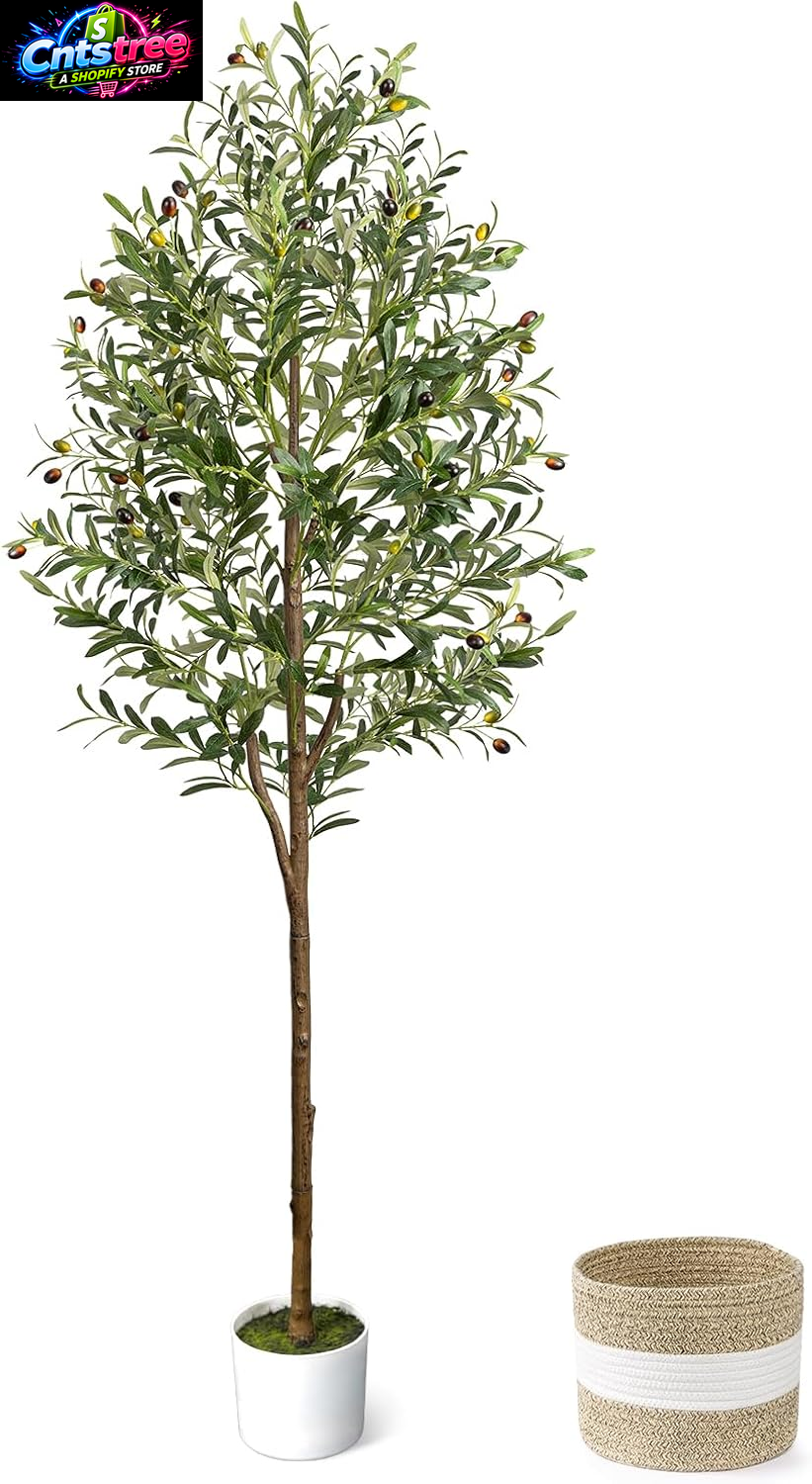 6FT Artificial Olive Tree - Indoor Tall Faux Olive Trees with Planter&Basket, Large Fake Olive Silk Tree Realistic Olive Plants with Branches and Fruits for Home Decor Office Living Room