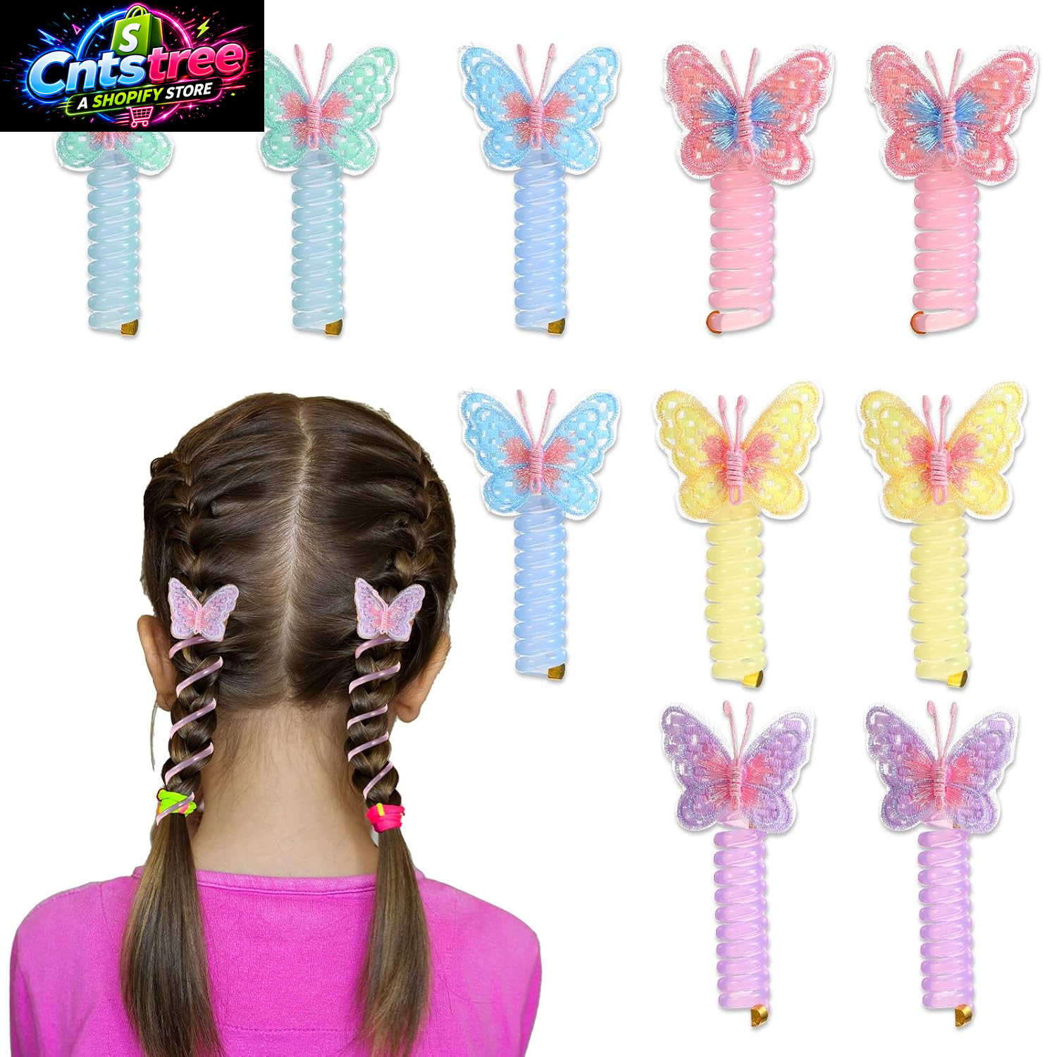 Tyqour 8PCS Butterfly Telephone Wire Hair Bands Spiral Hair Ties for Kids Women Thick Thin Hair, Colorful Telephone Cord Hair Ties, Elastic Hair Accessories for Little Girls, Ponytail Holders