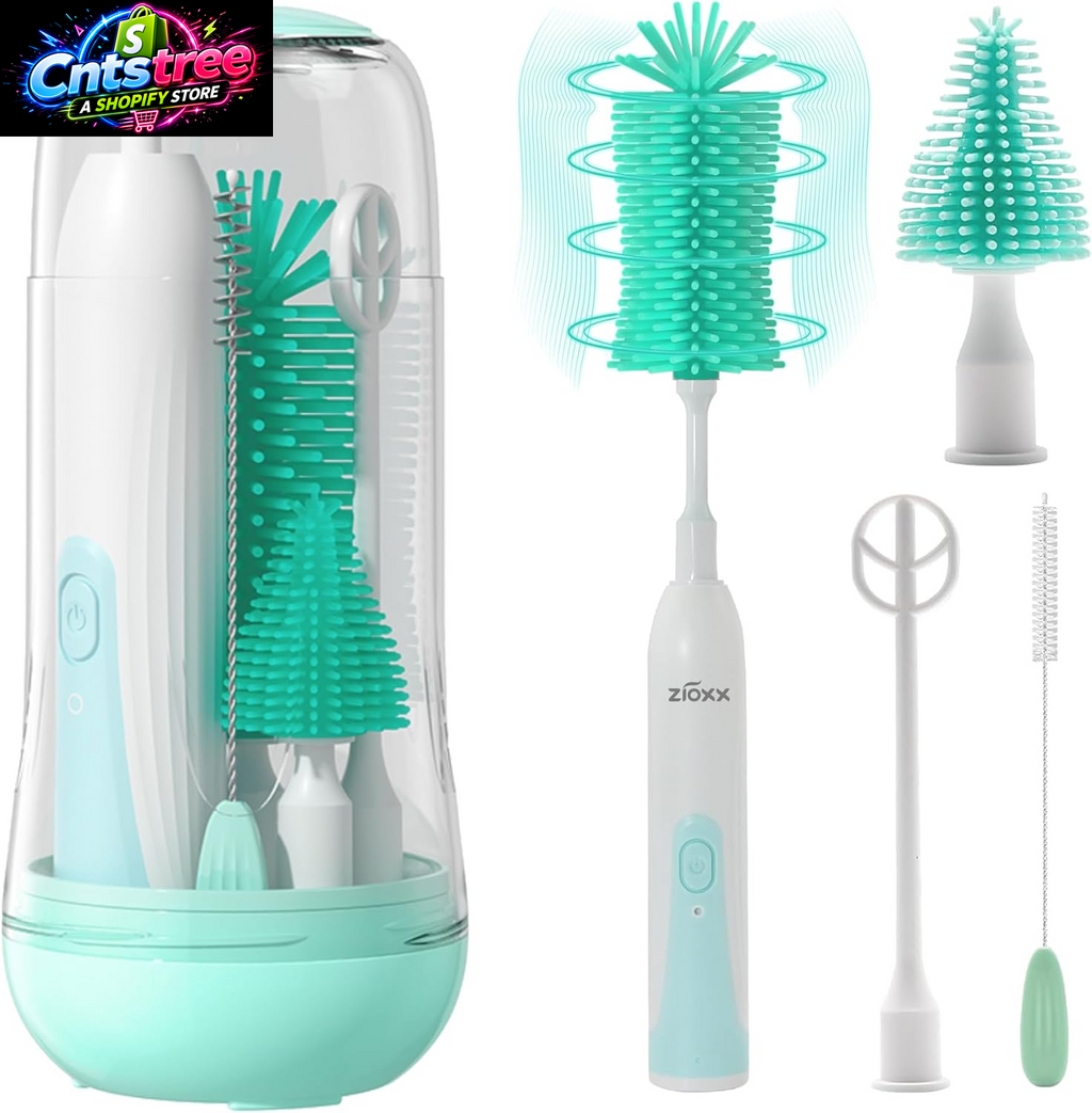 Electric Bottle Brush Cleaner, Portable Electric Baby Bottle Brush Cleaner for Travel, Rechargable Travel Bottle Cleaner Kit with Nipple & Straw Brush, Perfect Mom Essentials after Birth Gift, Green