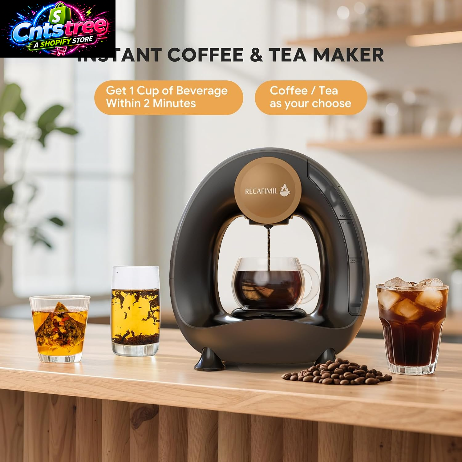 Single Serve Coffee Maker for K Cup Pod and Coffee Grounds /Tea, Fast Brew in 2 Minutes, 2 in 1 One Button Coffee Machine 4-8 Oz Brew Sizes, Stylish＆Compact for Home, Office, RV and Dorm, Black