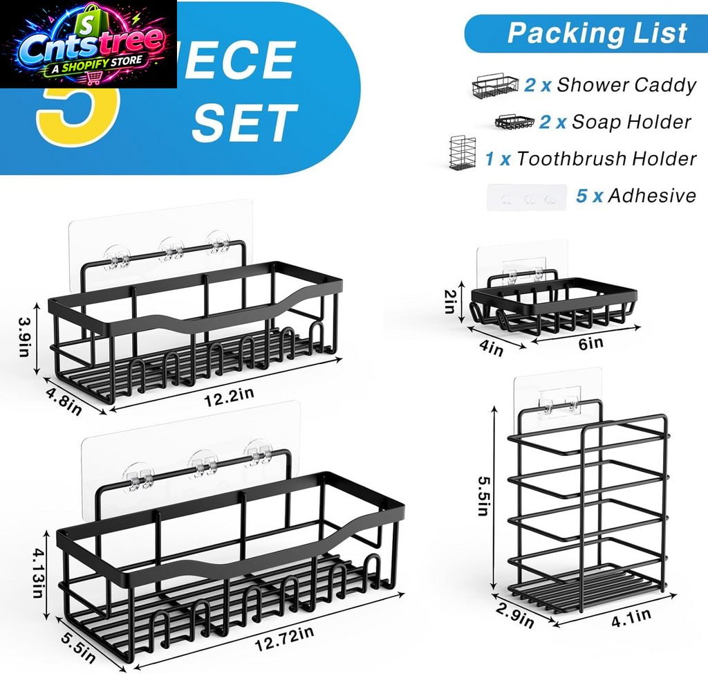 EUDELE Adhesive Shower Caddy, 5 Pack Rustproof Stainless Steel Bath Organizers with Large Capacity, No Drilling Shelves for Bathroom Storage & Home Decor