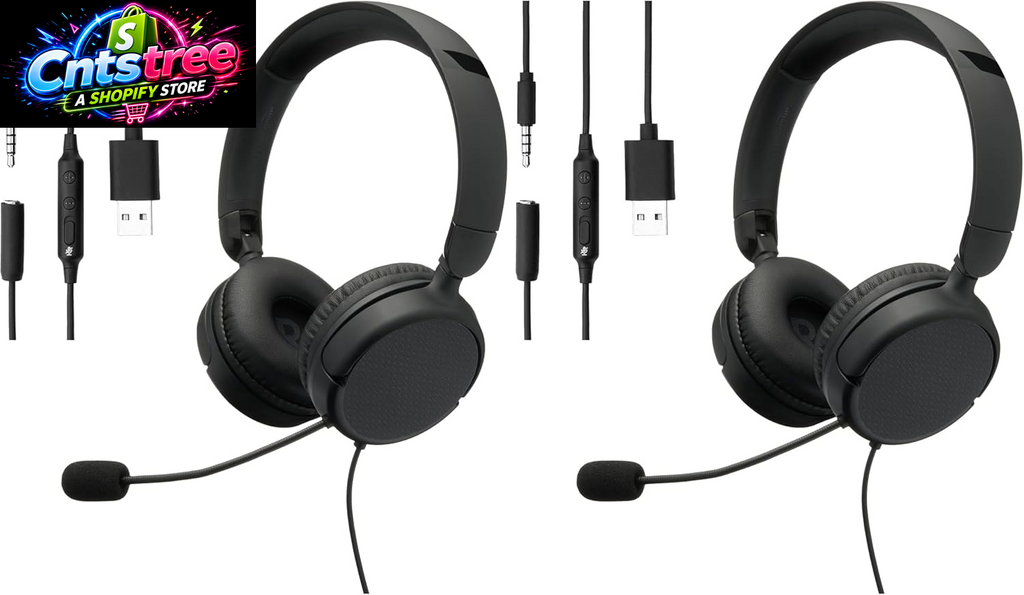 Amazon Basics on Ear Wired Computer Headset with Adjustable Microphone, 3.5Mm Port or In-Line Control with USB-A Port, Foldable, Clear Sound, Small/Medium Size, Black (Pack of 2)