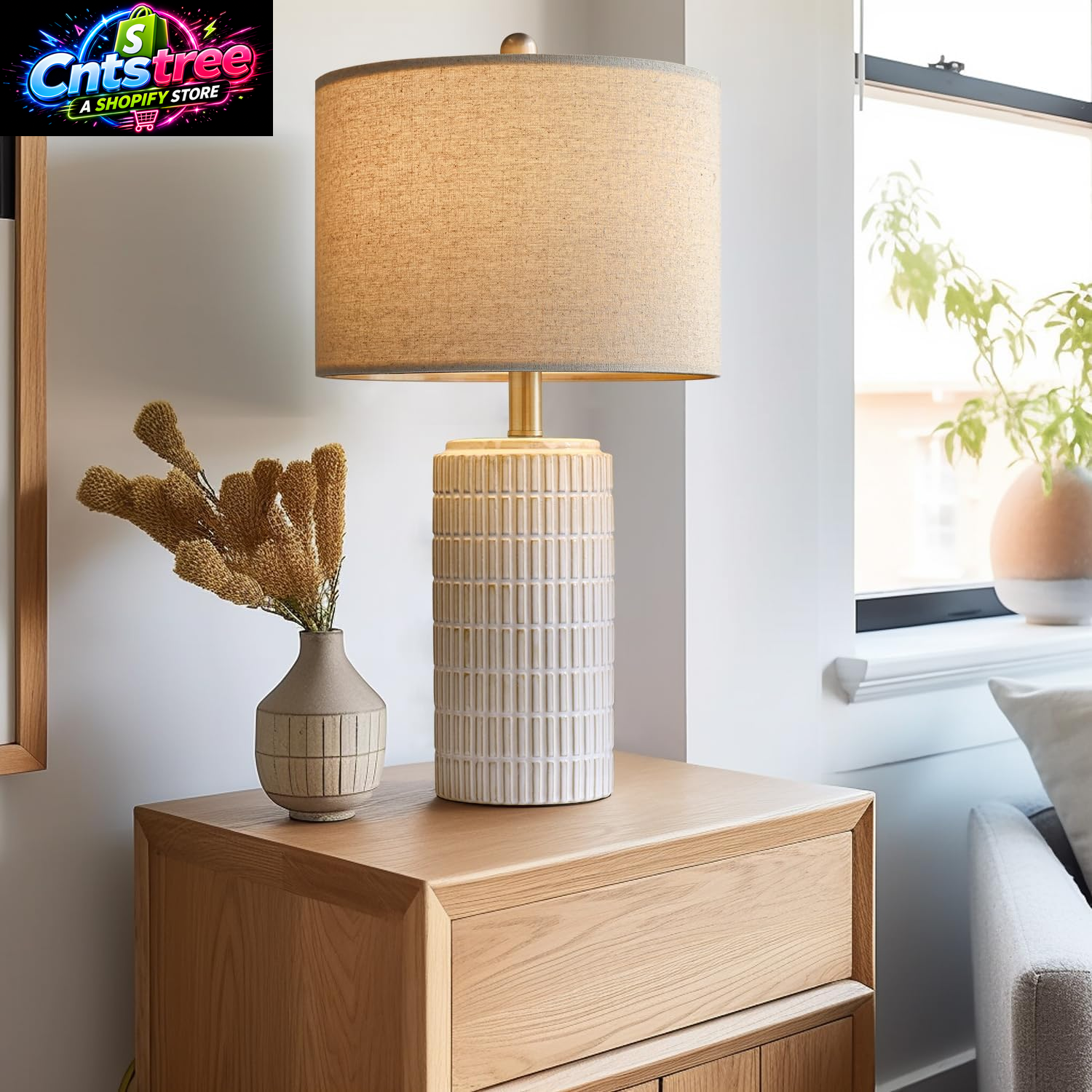 Pokat 23" Modern Ceramic Table Lamp Set of 2 for Living Room White Desk Lamps for Bedroom Farmhouse Bedside Nightstand Lamp House Warming Gifts New Home Decor End Table Lamps Gifts for Women Mom Beige
