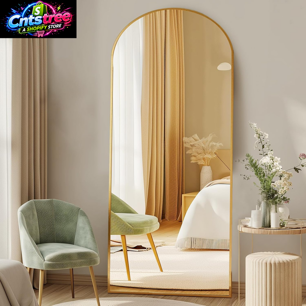 DUMOS 64"X21" Arched Full Length Floor Mirror, Full Body Mirror with Stand, Shatterproof Tempered Glass, Modern Aluminum Alloy Frame, Free Standing or Leaning for Home Decor, Gold