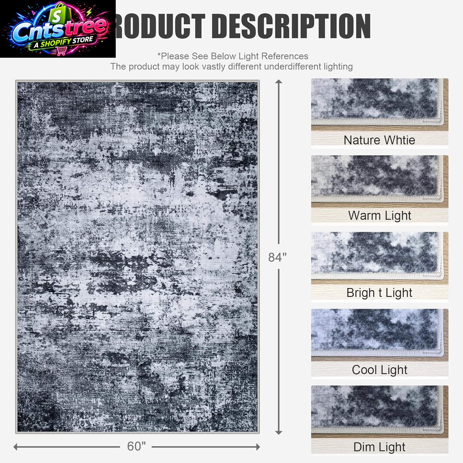 5X7 Area Rug Living Room Rug: Washable Modern Abstract Soft Thin Rug Indoor Floor No Slip Stain Resistant Carpet for Bedroom Dining Room Farmhouse Nursery Home Office - Black