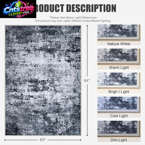 5X7 Area Rug Living Room Rug: Washable Modern Abstract Soft Thin Rug Indoor Floor No Slip Stain Resistant Carpet for Bedroom Dining Room Farmhouse Nursery Home Office - Black