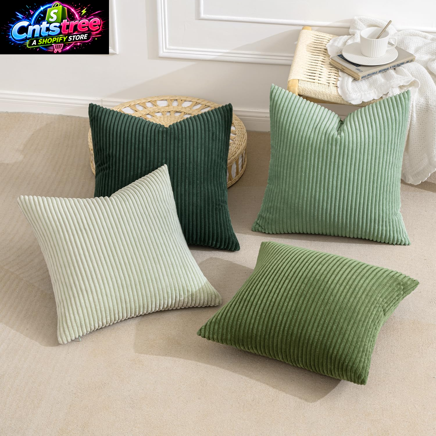 MIULEE Boho Farmhouse Sage Green Throw Pillow Covers 18X18 Inch Set of 4 Mordern Nordic Cushion Covers Soft Corduroy Spring Home Decor for Couch Bed Sofa Living Room Forest Green