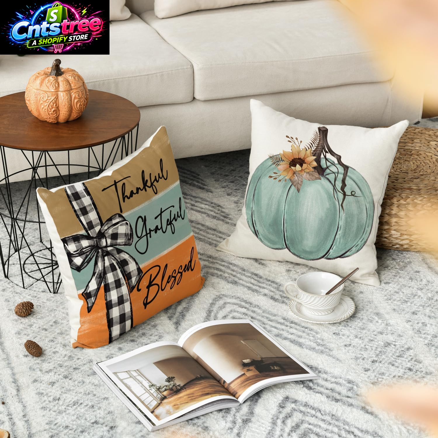 AVOIN Colorlife Fall Pumpkin Home Sweet Home Throw Pillow Covers, 18 X 18 Inch Autumn Thankful Grateful Blessed Harvest Floral Decorations for Sofa Couch Set of 4