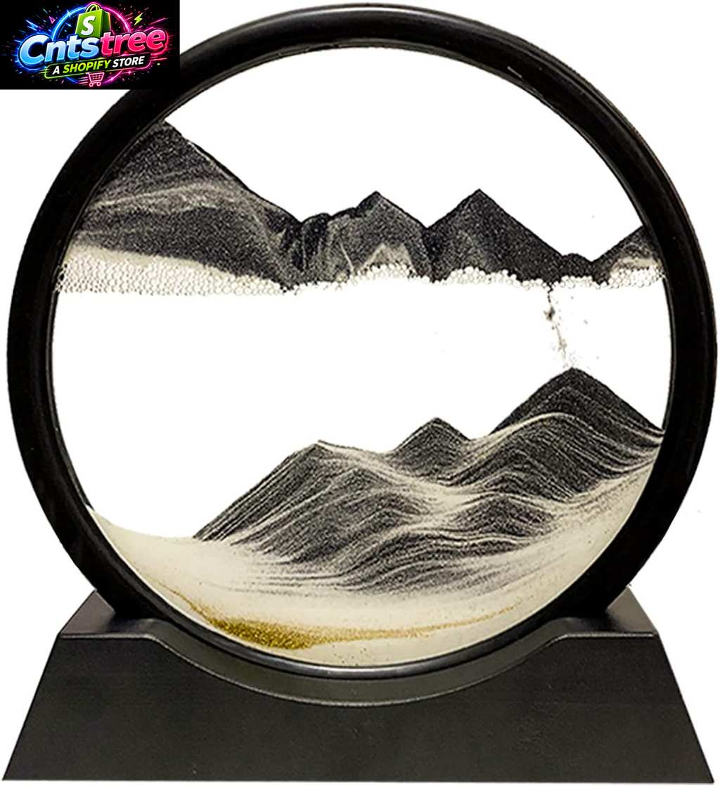 HYUGF Moving Sand Art Picture Decor, 3D Deep Sea Sandscape Liquid Motion, round Glass Frame Display Flowing Sand Relaxing Gift for Kids Adults Home Office Work Desktop Decoration Toy (Black, 7")